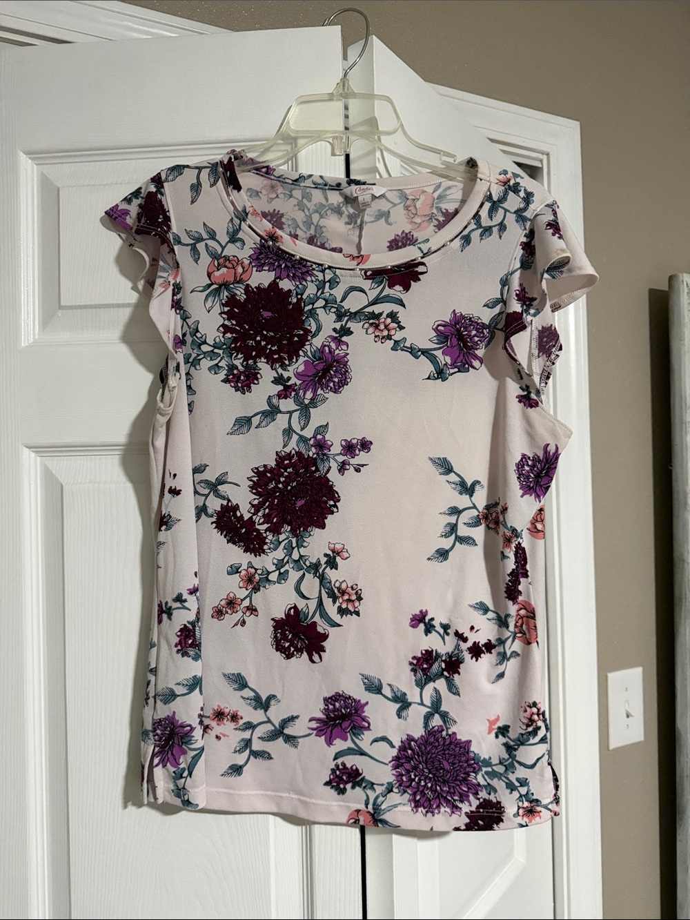 Candie's Light Pink Short Sleeve Floral Top with Purple and Burgundy Blooms